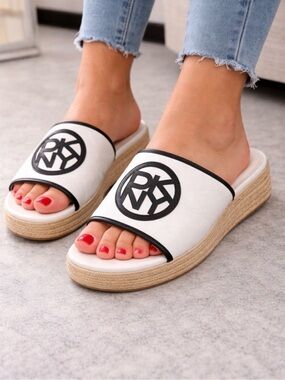 DKNY White Slide Espadrille Mules with Black Logo